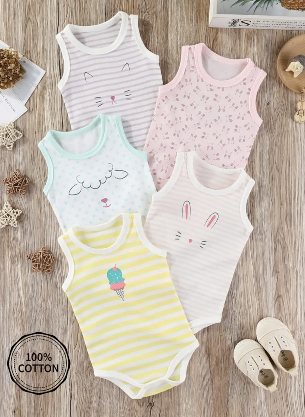 Dětské body bez rukávů (tílko) – 100% bavlna - RŮŽOVÉ S KRÁLÍČKY - (18-24 m)