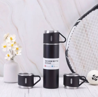 Sada s termoskou a hrnky z nerezové oceli - 500 ml - ČERNÁ