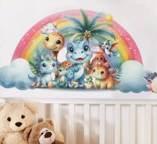 Dětská akvarelová samolepka na zeď – Dinosauři s duhou a palmou (78 × 37 cm) - II. jakost