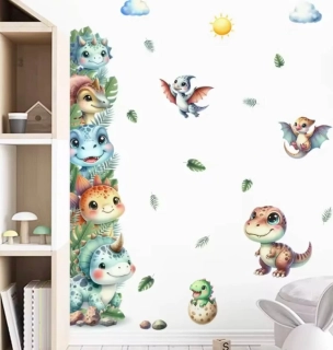 Dětská akvarelová samolepka na zeď – Dinosauři u okraje, levá strana (114 × 72 cm)